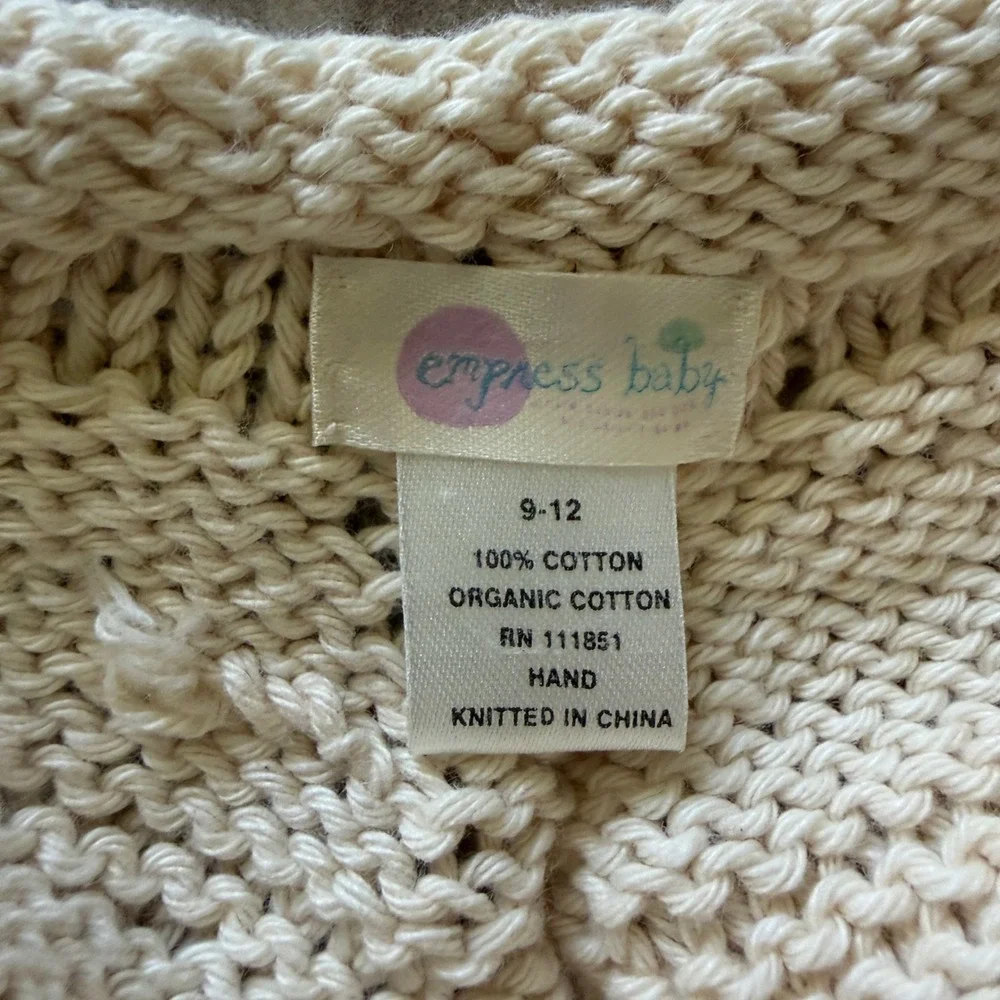 Empress Baby Organic Cotton Hand Knit Poncho Cream Fringe Pointelle 9-12 Months